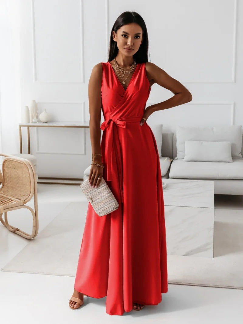 Sleeveless Draped V-Neck Maxi Dress with Flowing Skirt