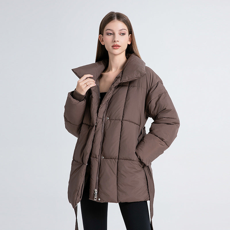 Belted High-Neck Puffer Winter Jacket