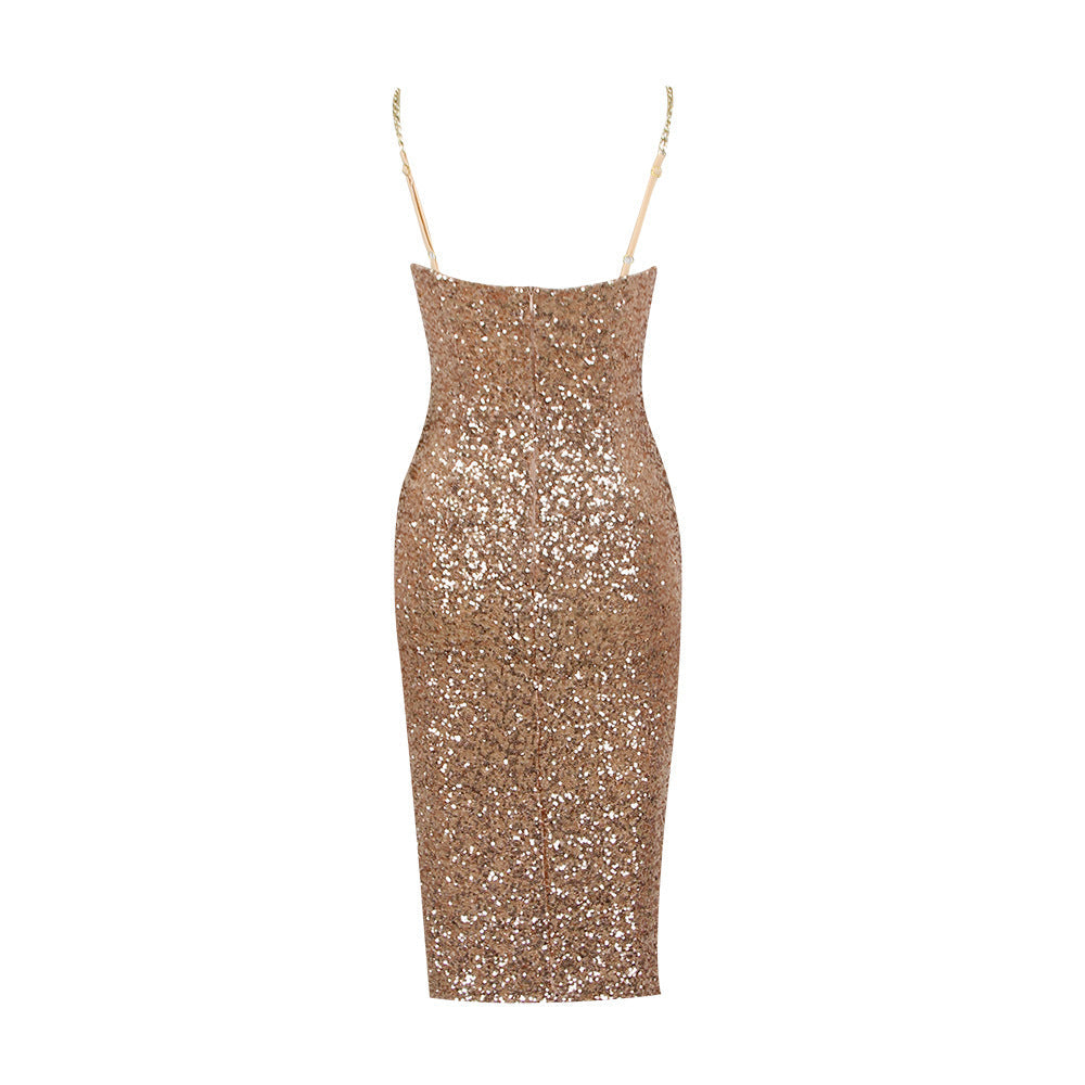 Sequin Bodycon Midi Dress with Spaghetti Straps for Glamorous Style