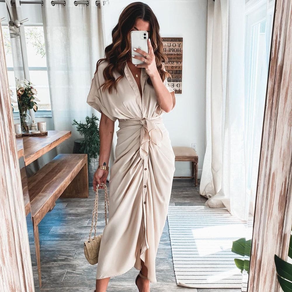 Elegant Draped Satin Maxi Dress with Waist Tie