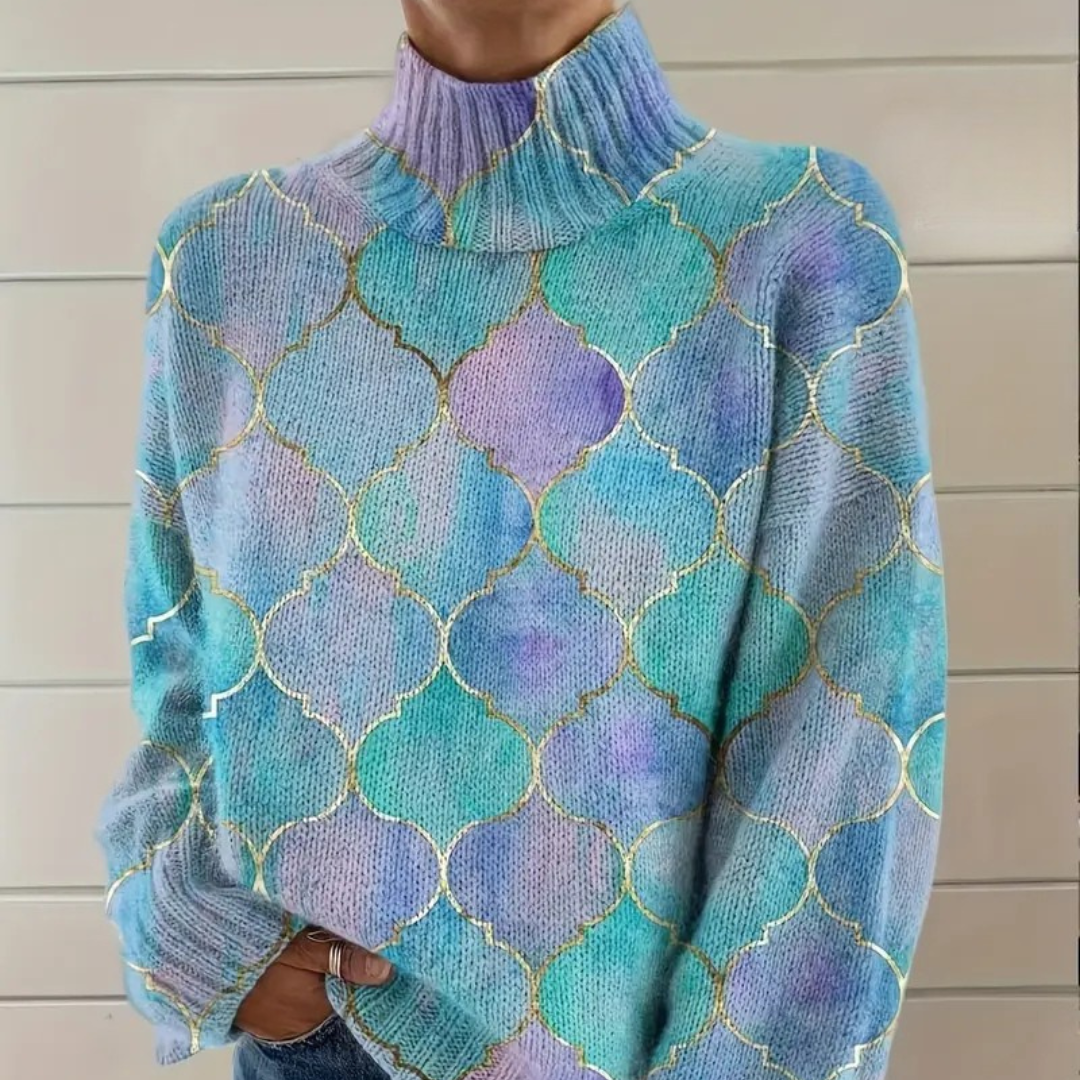 Geometric Metallic Accent Knit Turtleneck Sweater