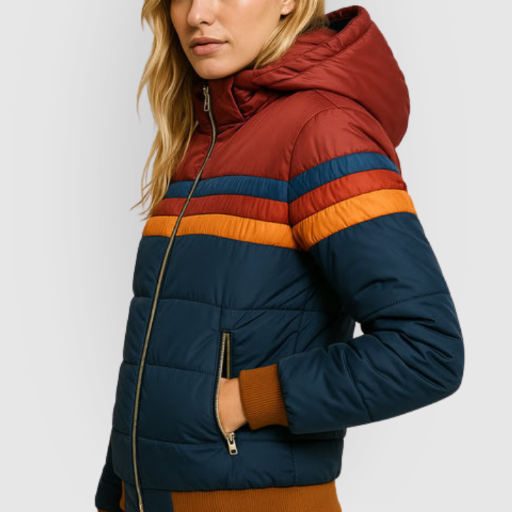Colorblock Retro Stripe Hooded Puffer Jacket