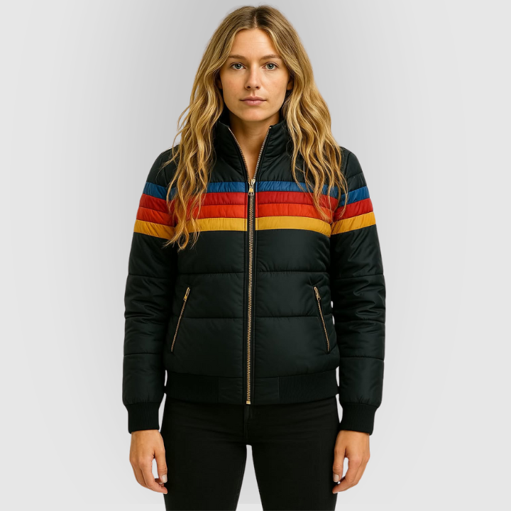 Colorblock Retro Stripe Hooded Puffer Jacket