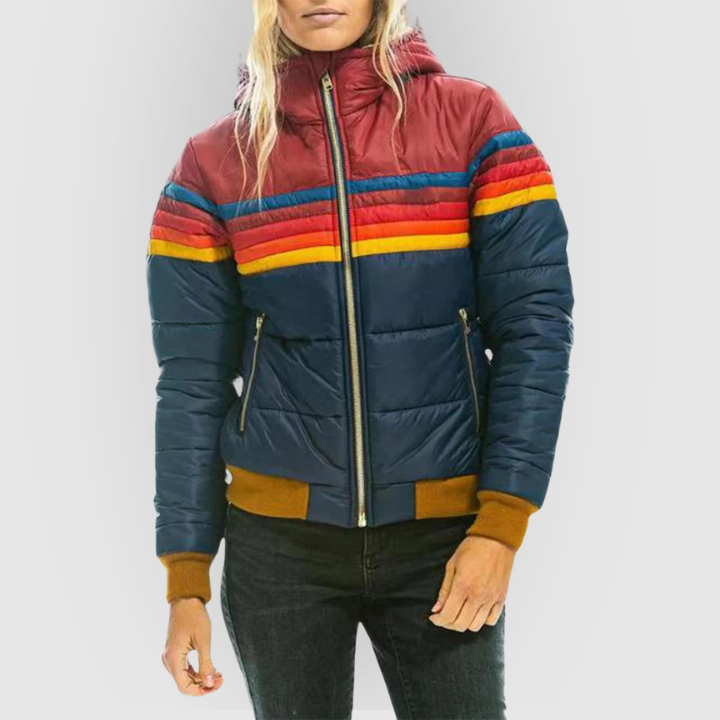 Colorblock Retro Stripe Hooded Puffer Jacket