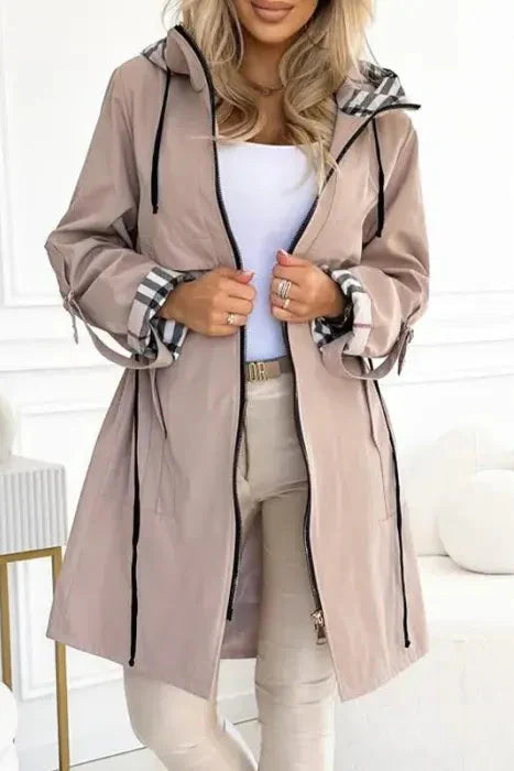 Tailored Zip Front Coat with Hood and Adjustable Waist