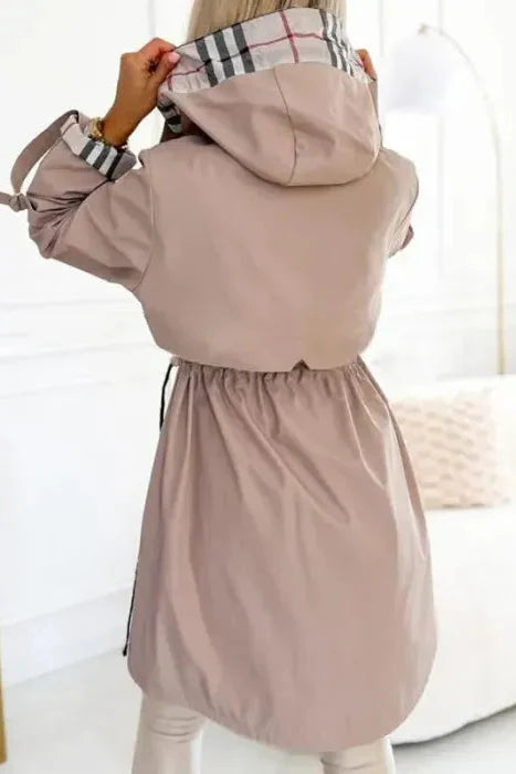 Tailored Zip Front Coat with Hood and Adjustable Waist