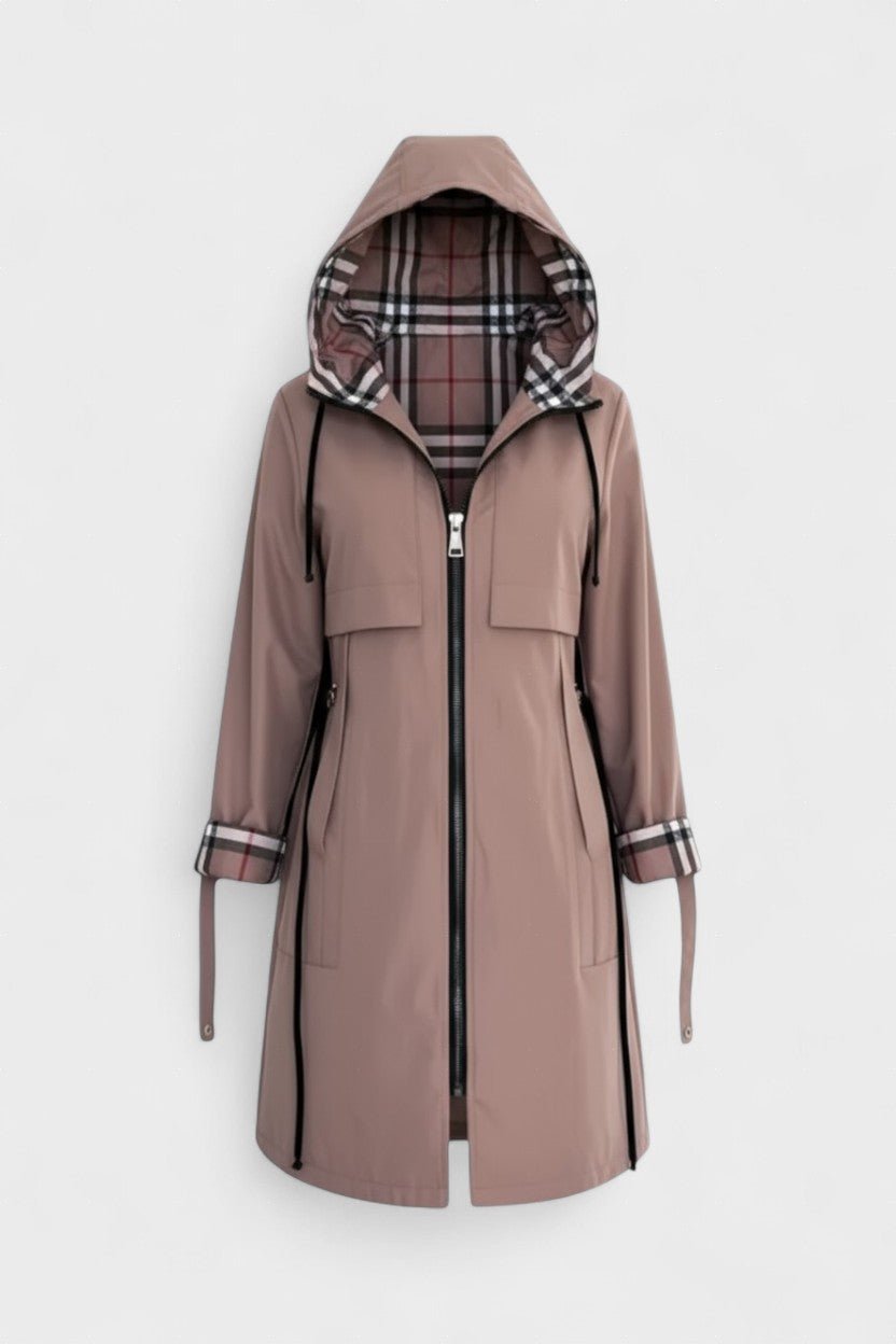 Tailored Zip Front Coat with Hood and Adjustable Waist