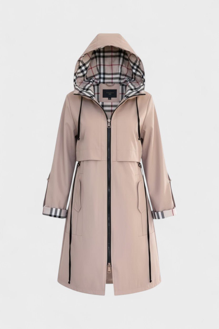 Tailored Zip Front Coat with Hood and Adjustable Waist