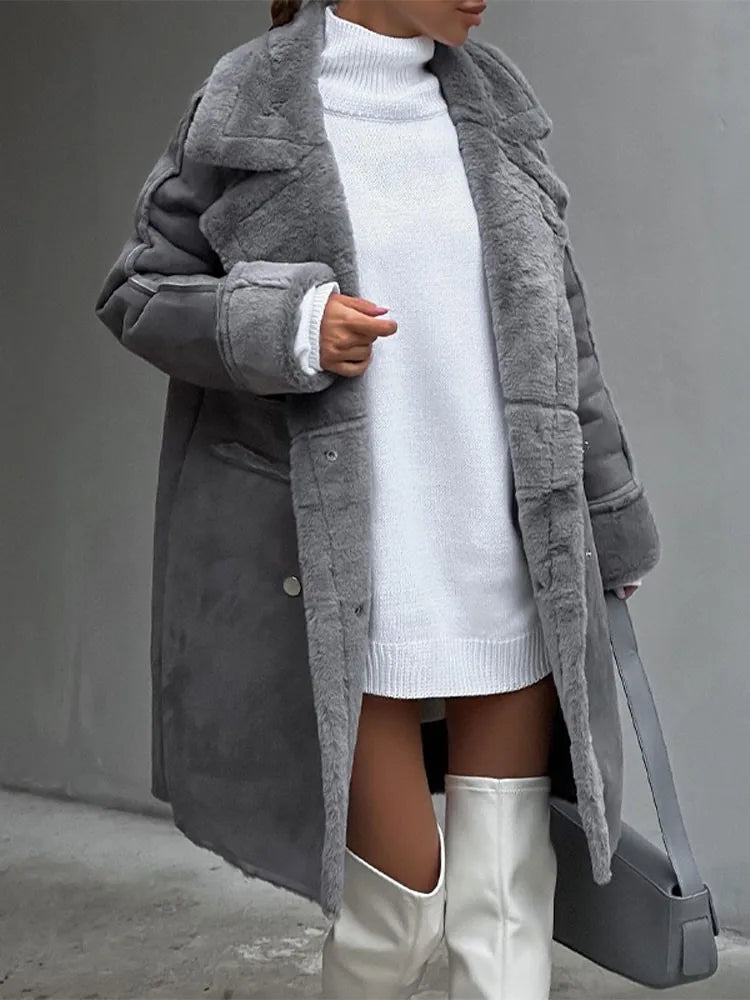 Women’s Long Sherpa Fleece Coat with Button Front