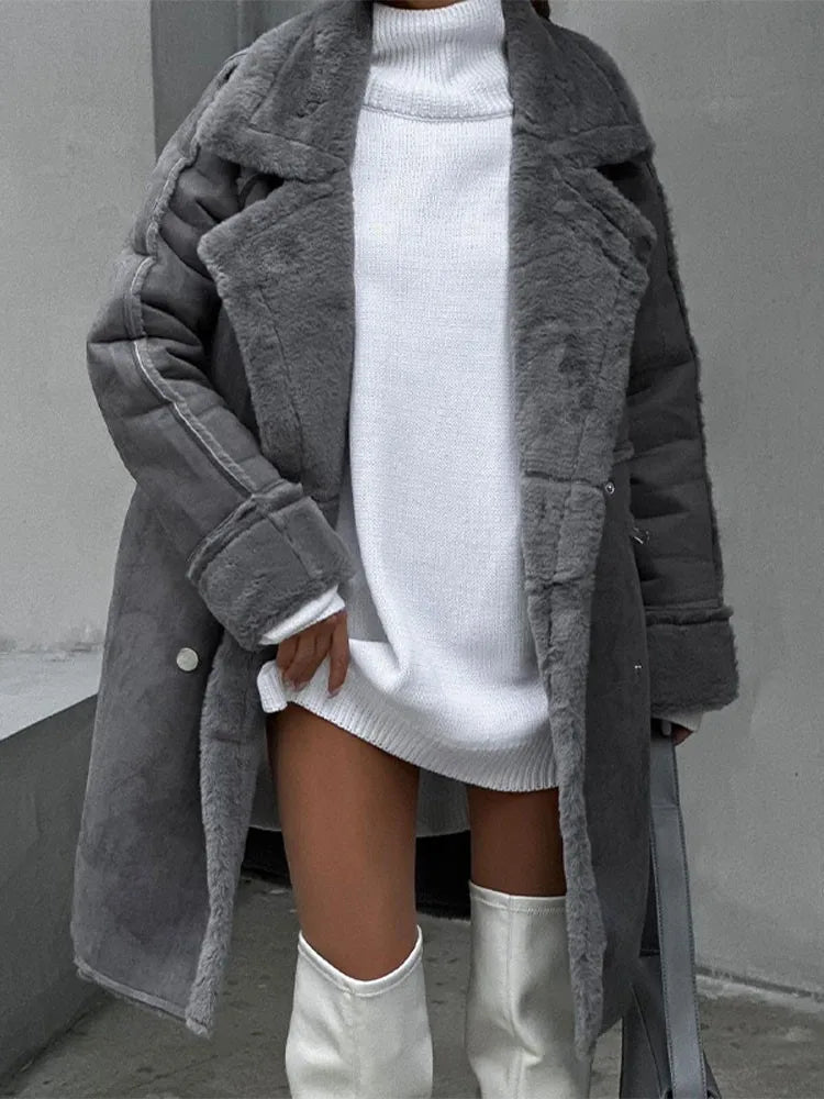 Women’s Long Sherpa Fleece Coat with Button Front