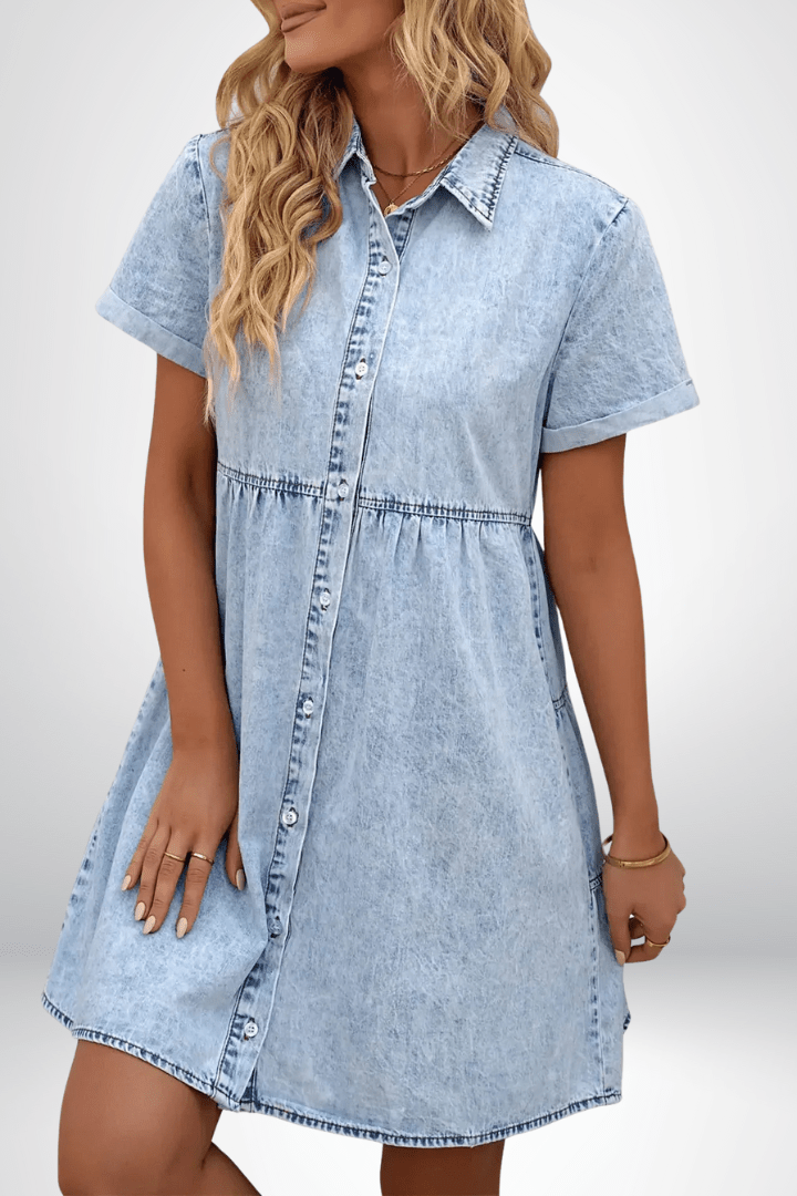 Button Front Denim Shirt Dress with Short Sleeves and Elastic Waist