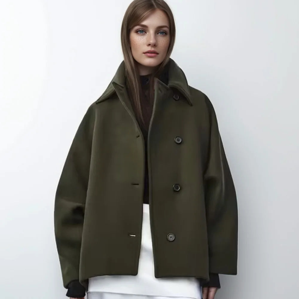 Women’s Oversized Wool Blend Short Coat with Button Front