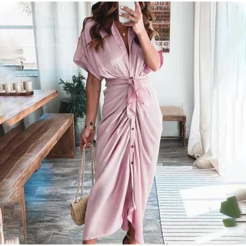 Elegant Draped Satin Maxi Dress with Waist Tie