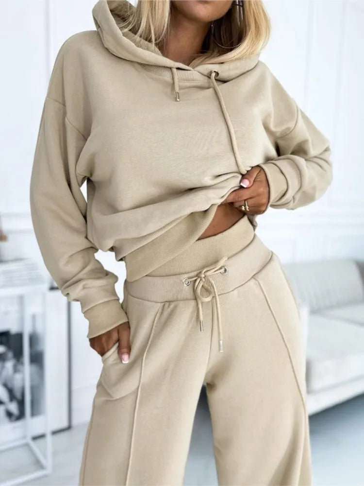 Cozy Two-Piece Lounge Set with Hoodie and Wide-Leg Pants