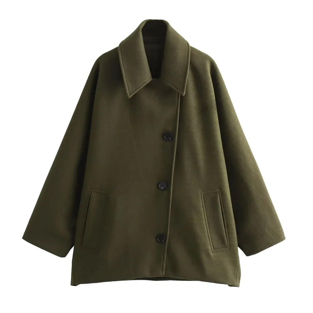 Women’s Oversized Wool Blend Short Coat with Button Front