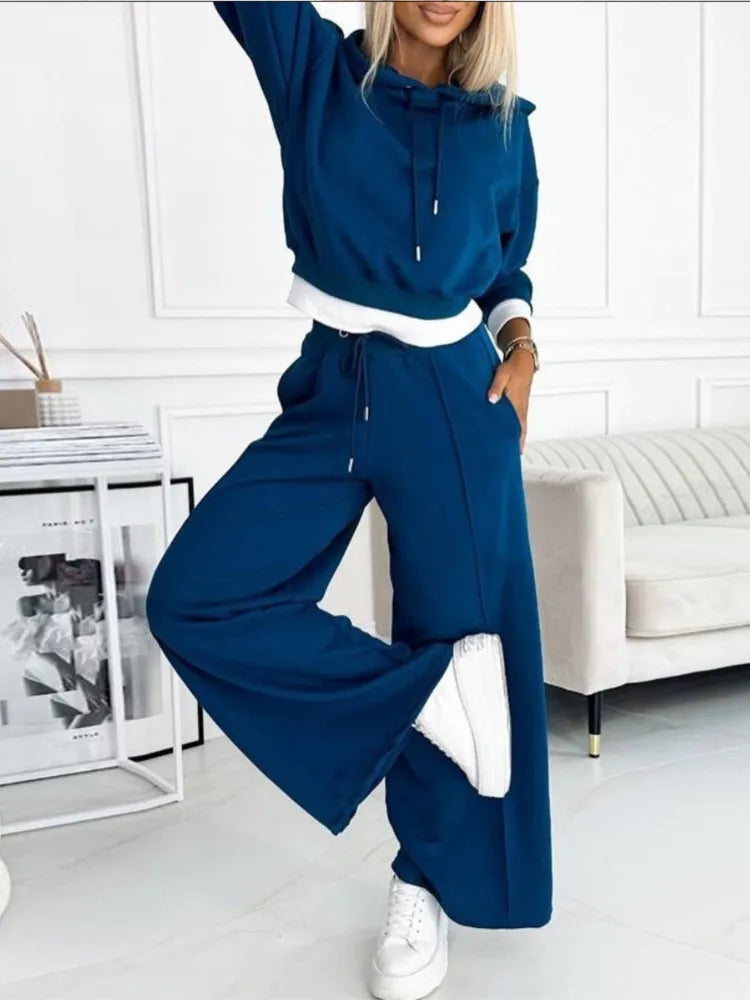 Cozy Two-Piece Lounge Set with Hoodie and Wide-Leg Pants