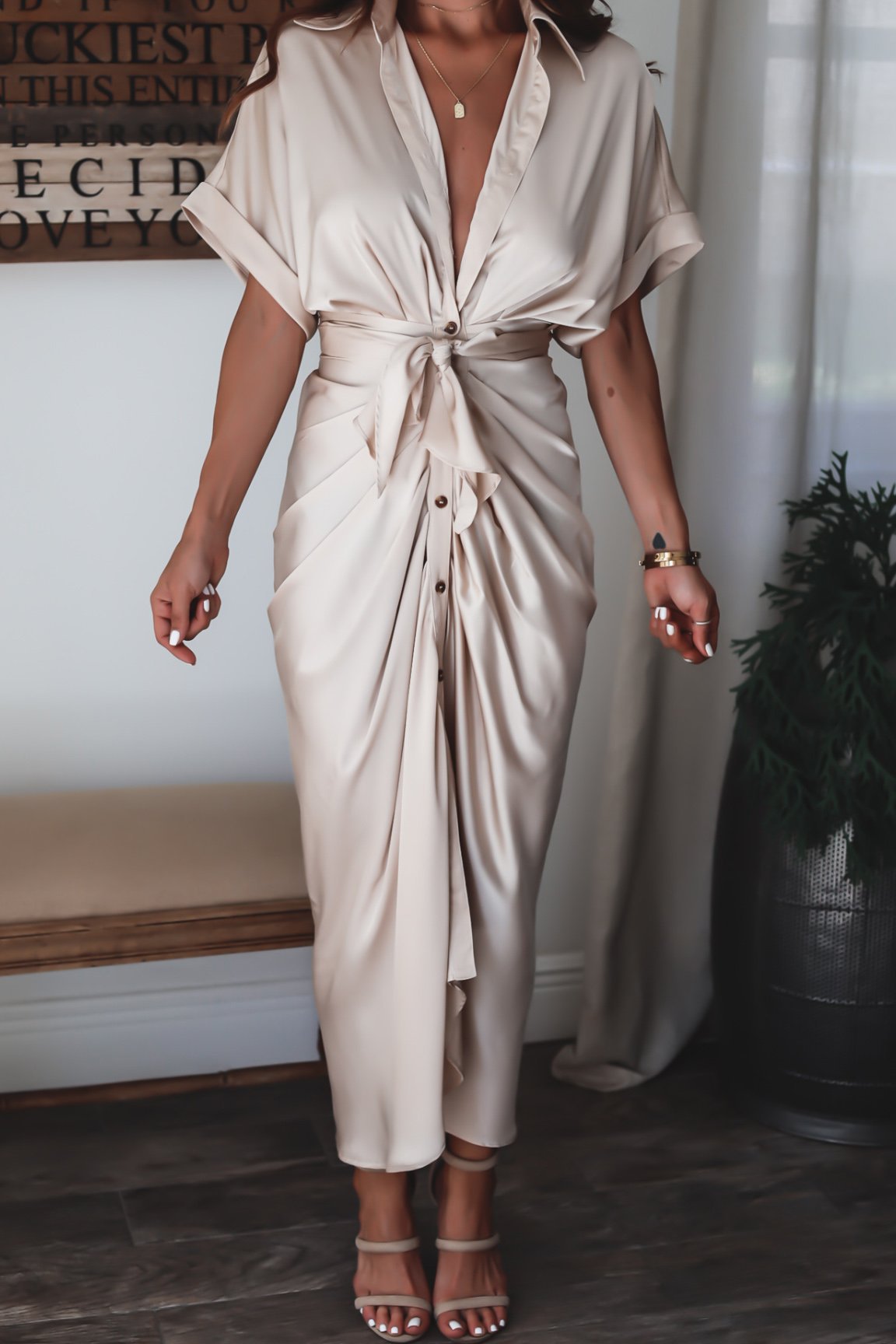 Elegant Draped Satin Maxi Dress with Waist Tie
