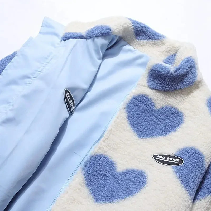 Heart Print Zip-Up Fleece Jacket