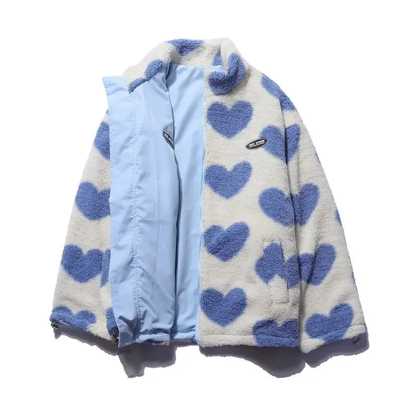 Heart Print Zip-Up Fleece Jacket