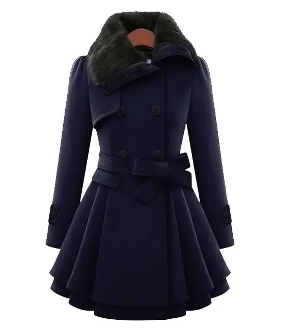 Women’s Elegant Double-Breasted Flared Coat with Faux Fur Collar
