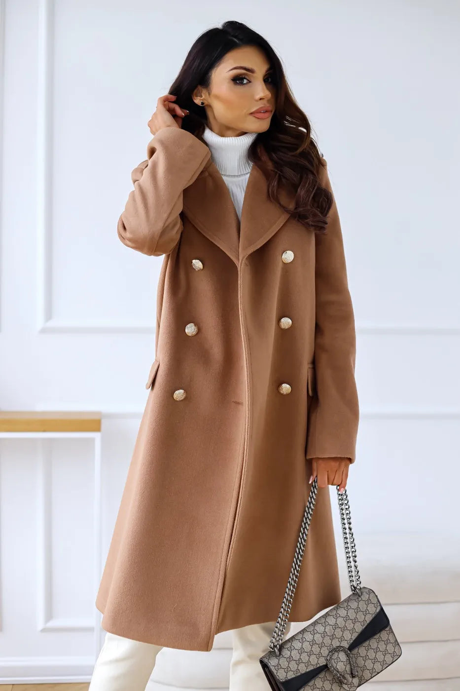 Women’s Elegant Double-Breasted Wool Blend Long Coat