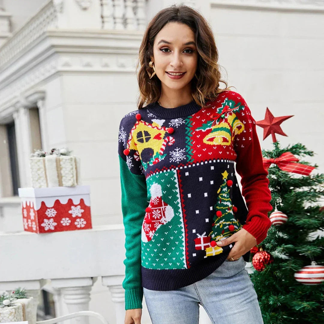 Festive Patchwork Knit Sweater for Cozy Holiday Style
