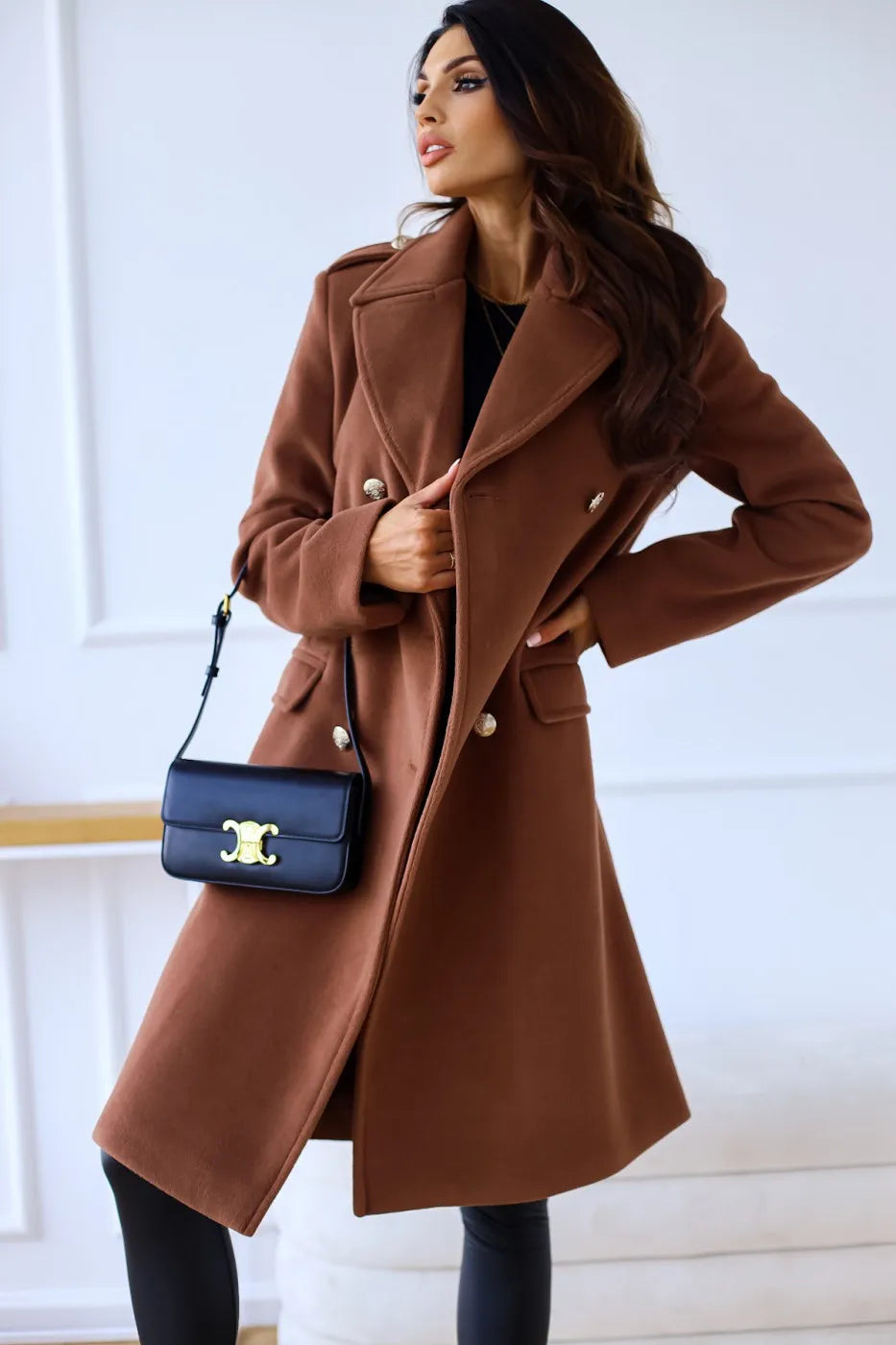 Women’s Elegant Double-Breasted Wool Blend Long Coat
