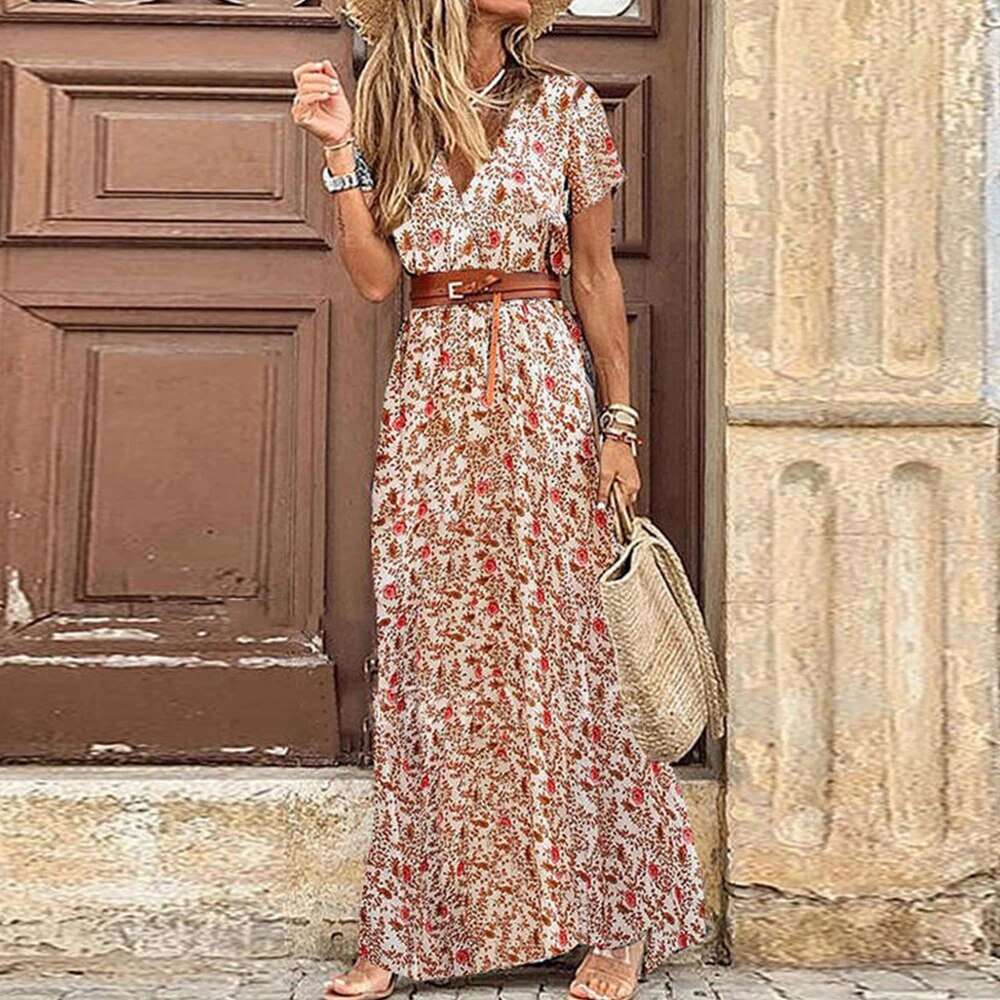 Boho Floral Maxi Dress with Belt for Effortless Summer Style