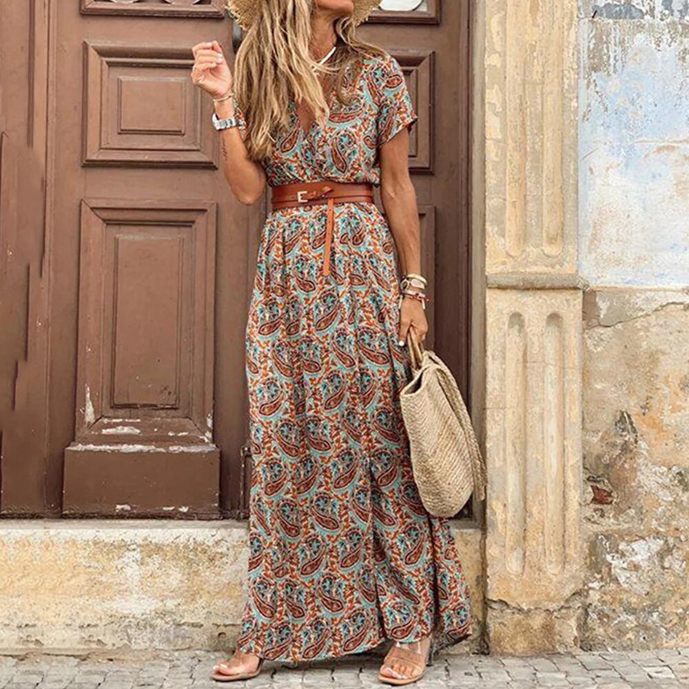 Boho Floral Maxi Dress with Belt for Effortless Summer Style