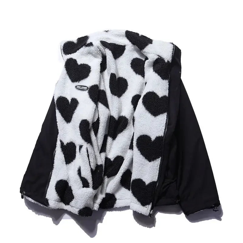 Heart Print Zip-Up Fleece Jacket