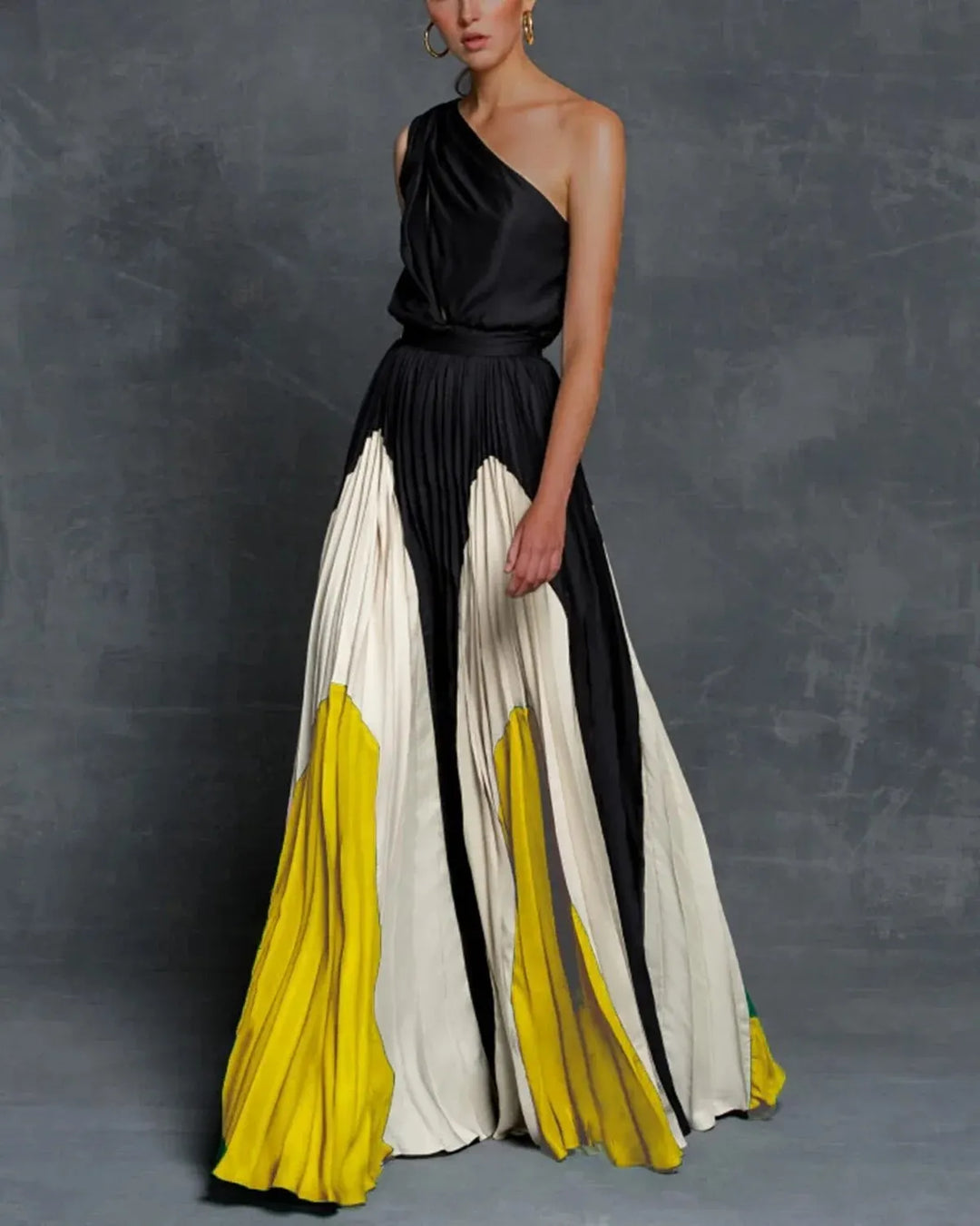 Elegant One-Shoulder Colorblock Pleated Evening Gown