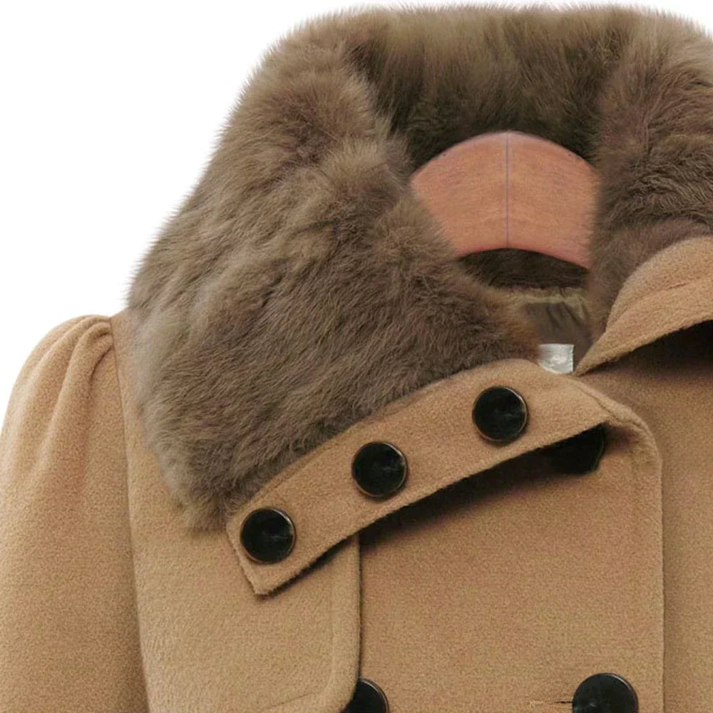 Women’s Elegant Double-Breasted Flared Coat with Faux Fur Collar