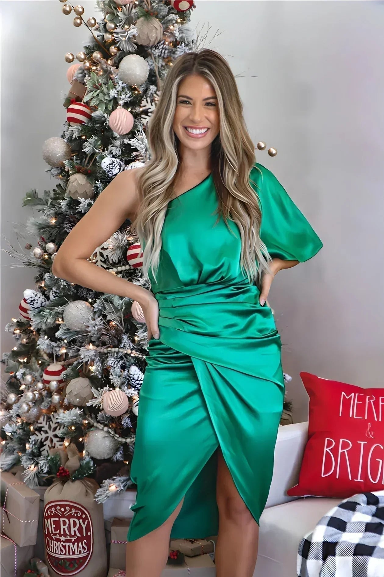 One Shoulder Draped Satin Midi Dress with Slit for Elegant Events