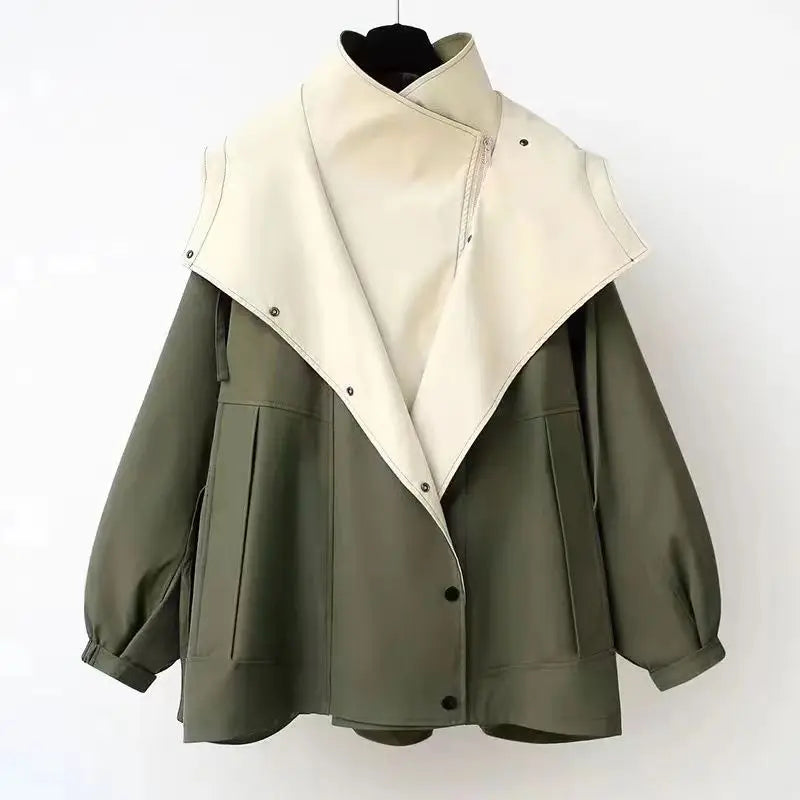 Two-Tone Hooded Cinch Waist Utility Jacket