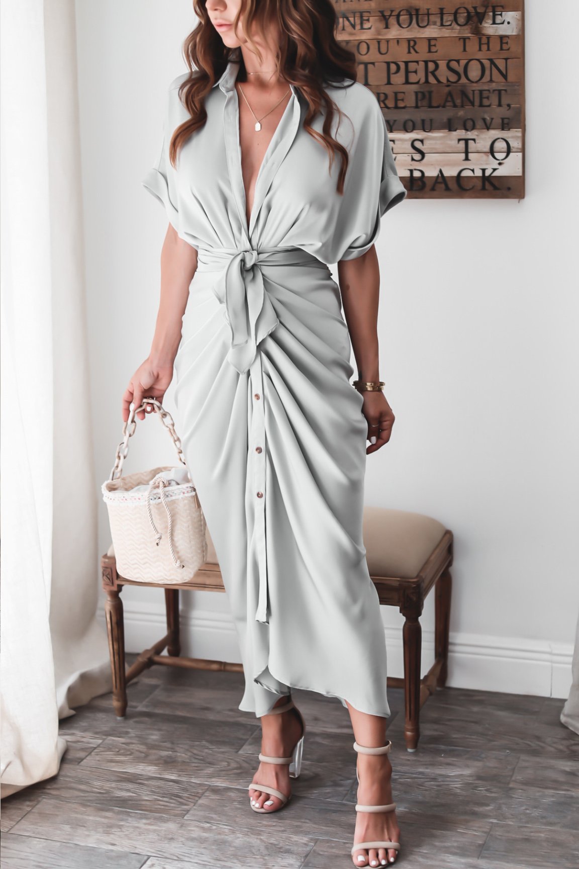 Elegant Draped Satin Maxi Dress with Waist Tie