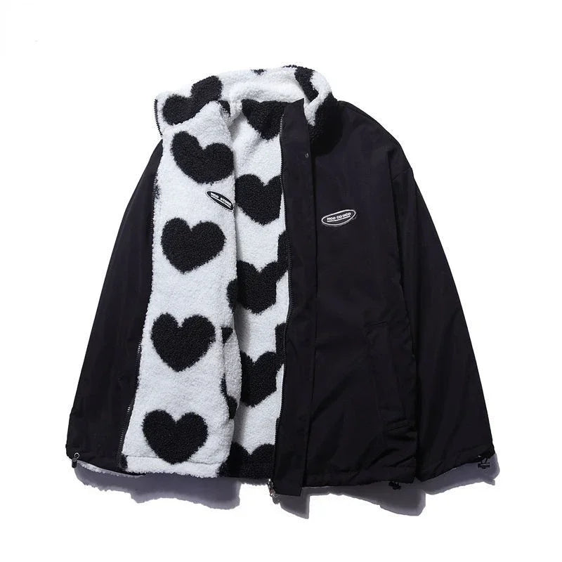 Heart Print Zip-Up Fleece Jacket