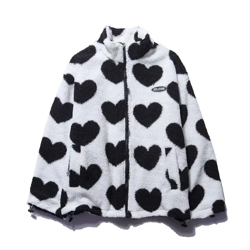 Heart Print Fleece Zip-Up Cozy Jacket