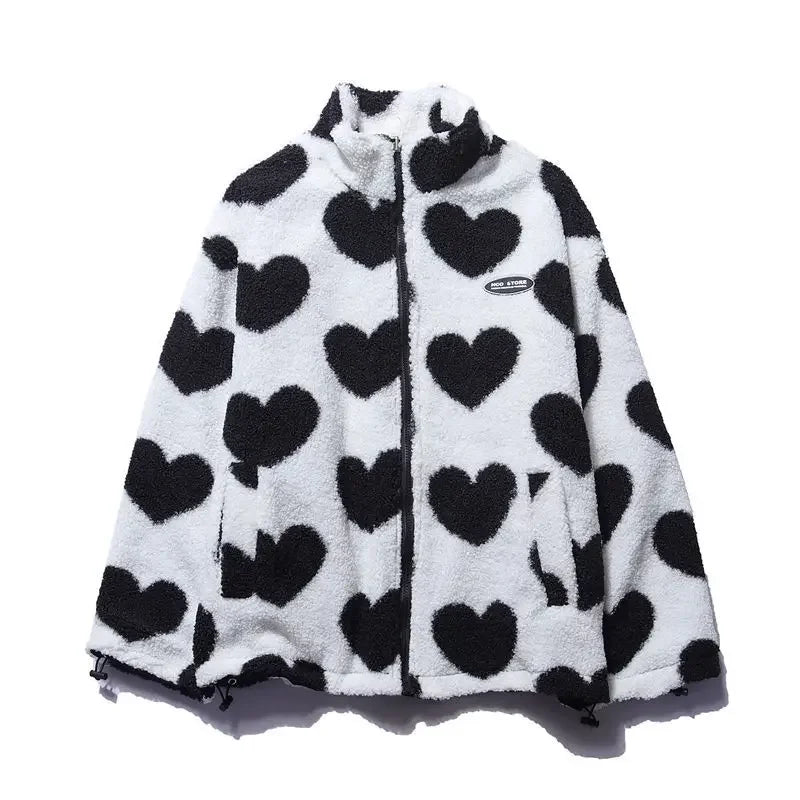 Heart Print Zip-Up Fleece Jacket