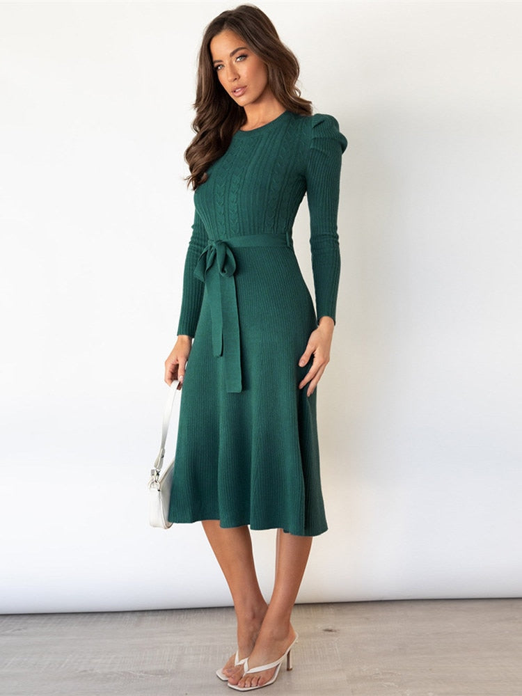 Long Sleeve Belted A Line Midi Dress for Timeless Elegance
