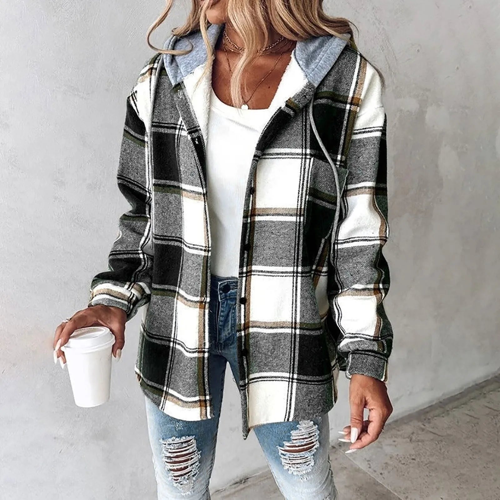 Plaid Hooded Button-Up Jacket for Casual Layering