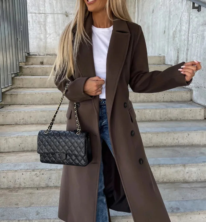 Women’s Long Tailored Button-Up Wool-Style Coat