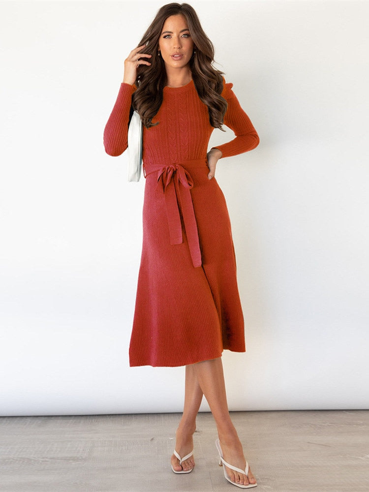 Long Sleeve Belted A Line Midi Dress for Timeless Elegance
