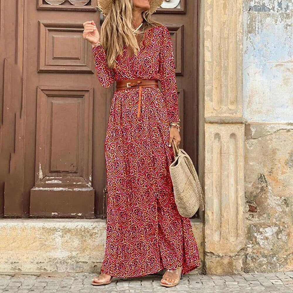 Boho Floral Maxi Dress with Belt for Effortless Summer Style