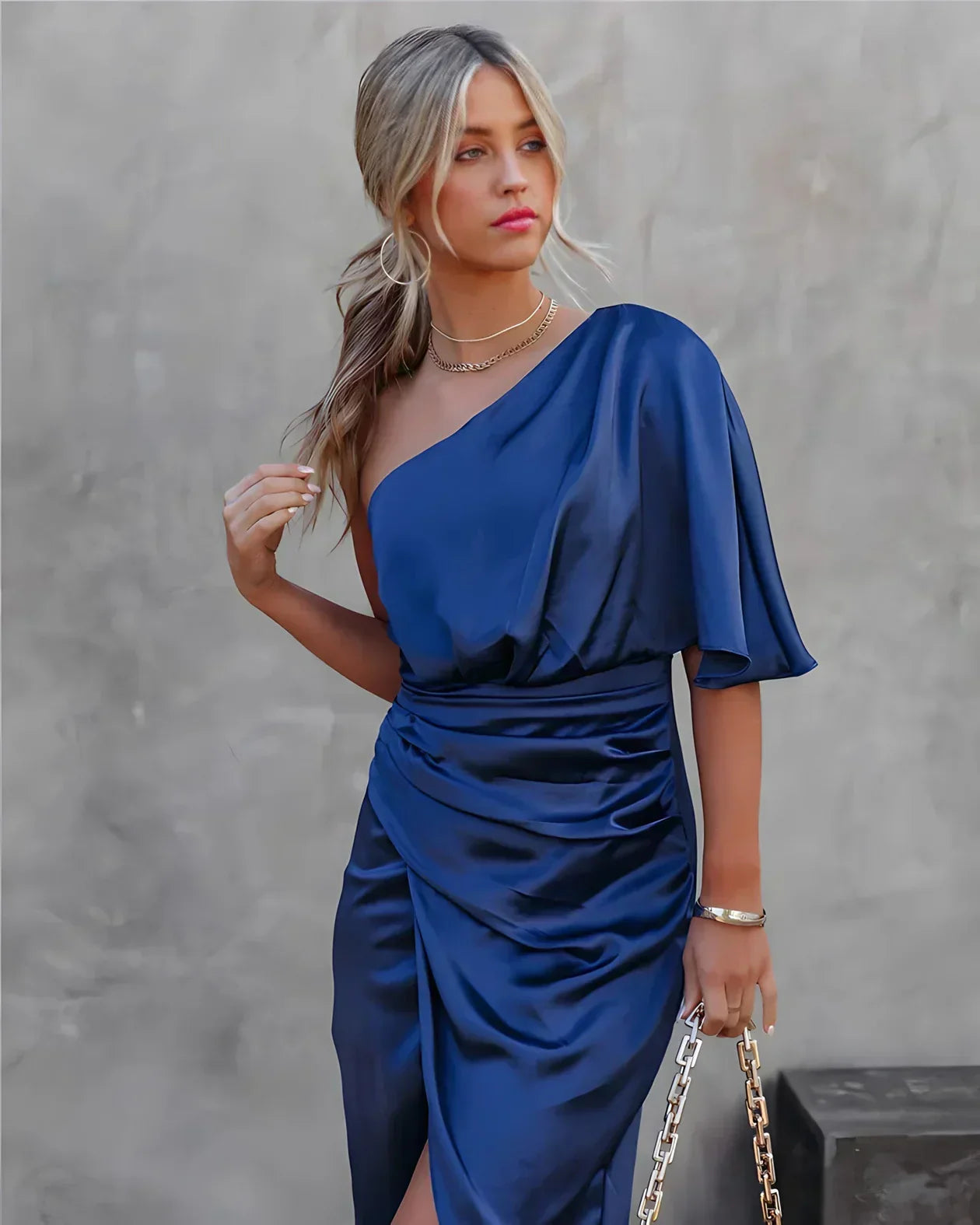 One Shoulder Draped Satin Midi Dress with Slit for Elegant Events