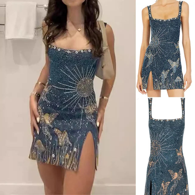 Spaghetti Strap Sequin Slit Mini Dress for Night Party Glam