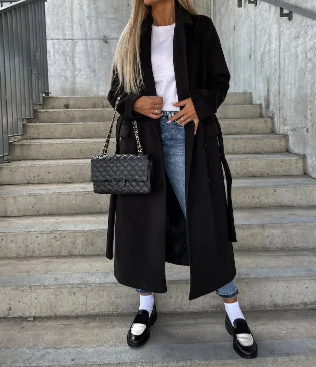 Women’s Long Tailored Button-Up Wool-Style Coat