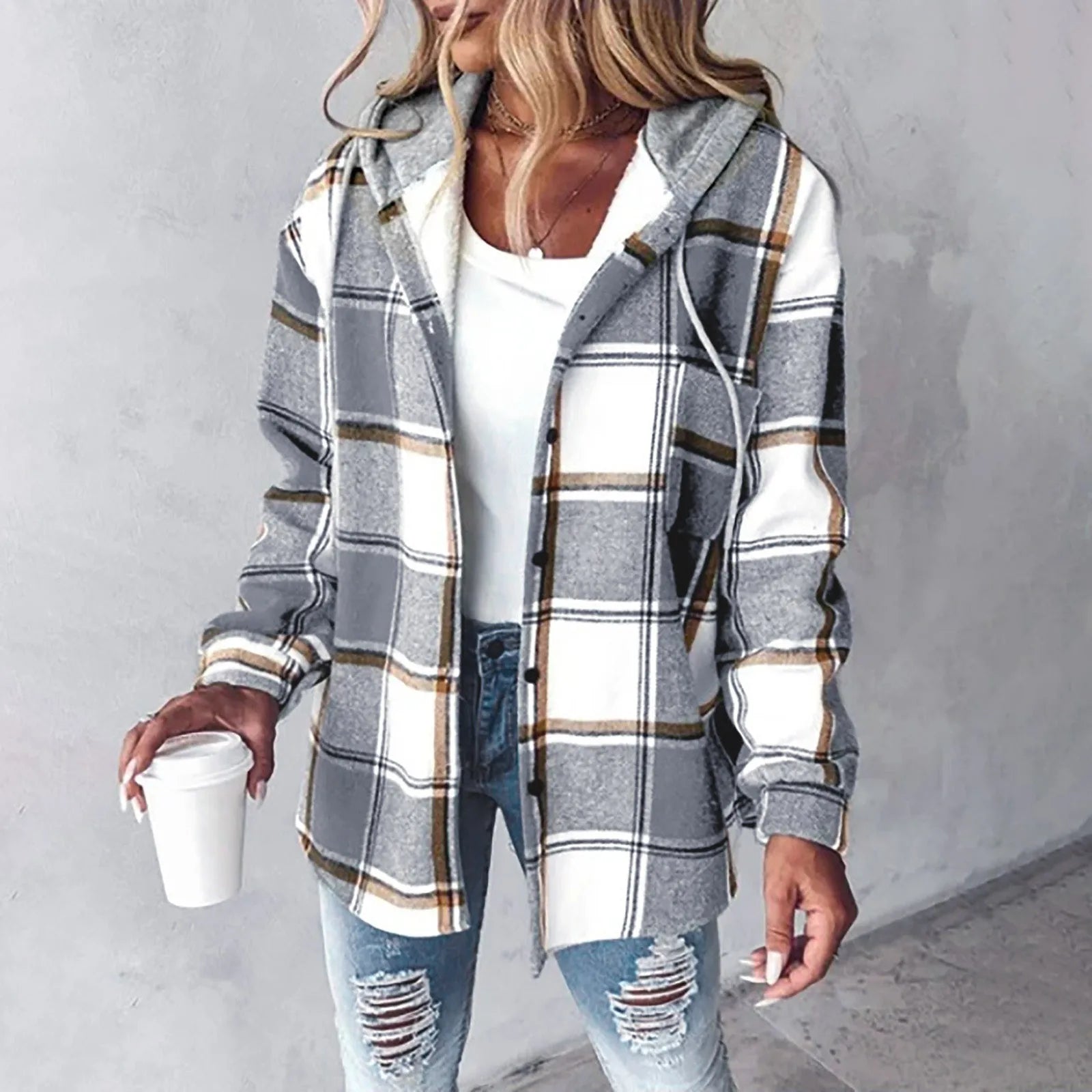 Plaid Hooded Button-Up Jacket for Casual Layering