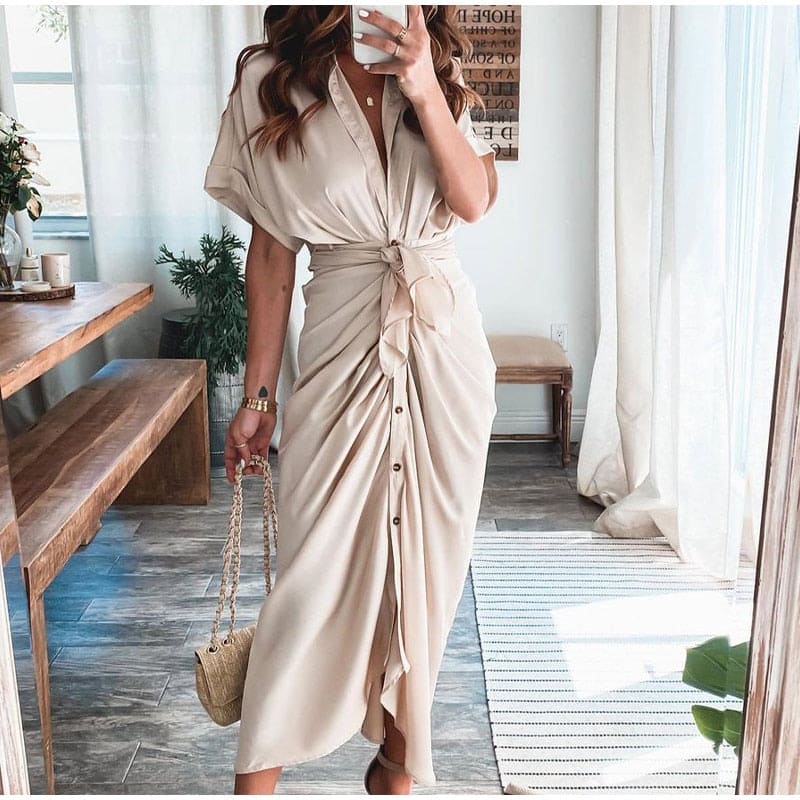 Elegant Draped Satin Maxi Dress with Waist Tie