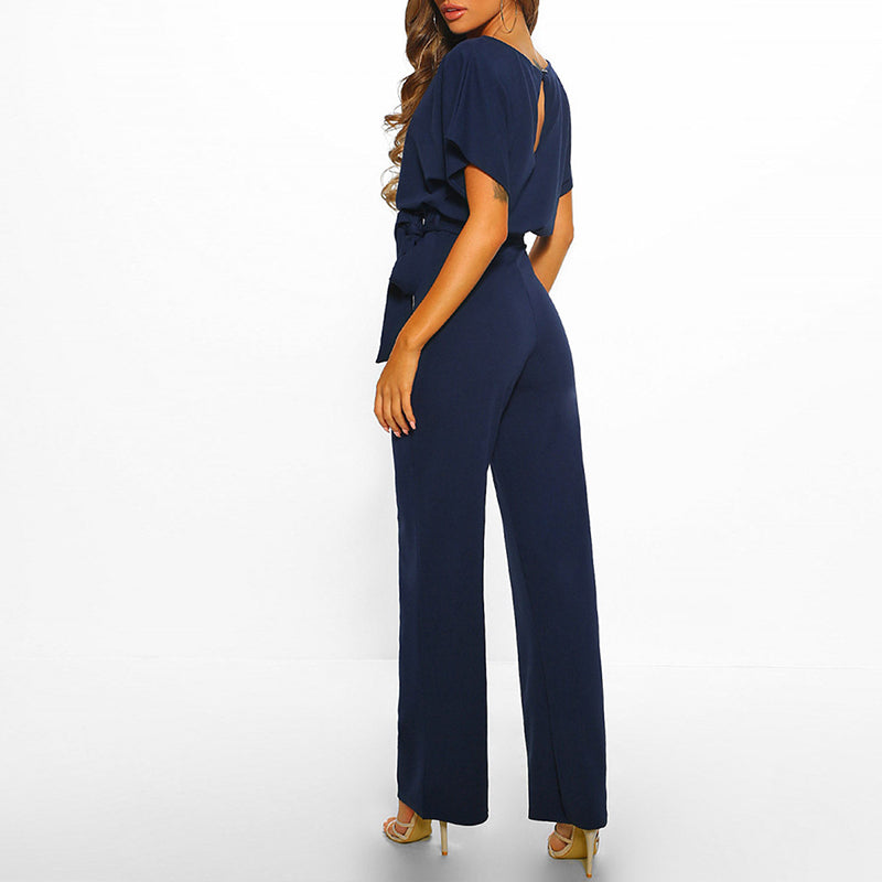 Short-Sleeve Belted Wide-Leg Elegant Women’s Jumpsuit