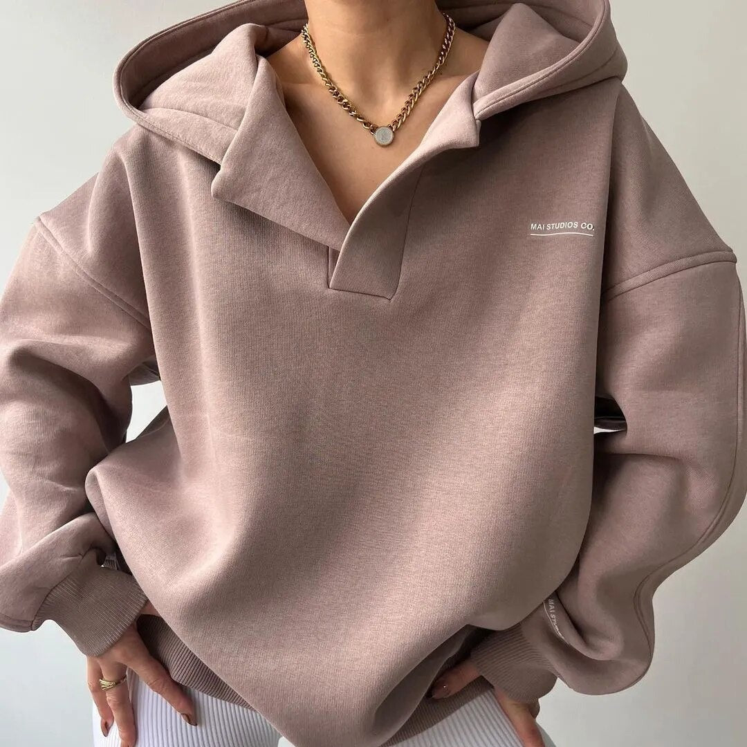 Oversized V-Neck Hooded Pullover Hoodie